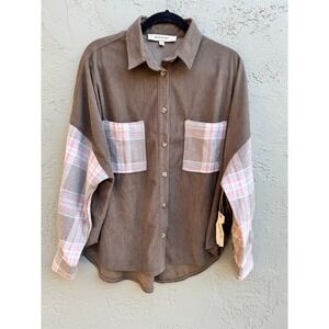 Blue Velvet NEW Womens Corduroy Plaid Flannel Buttons Sweater Cottage Shacket